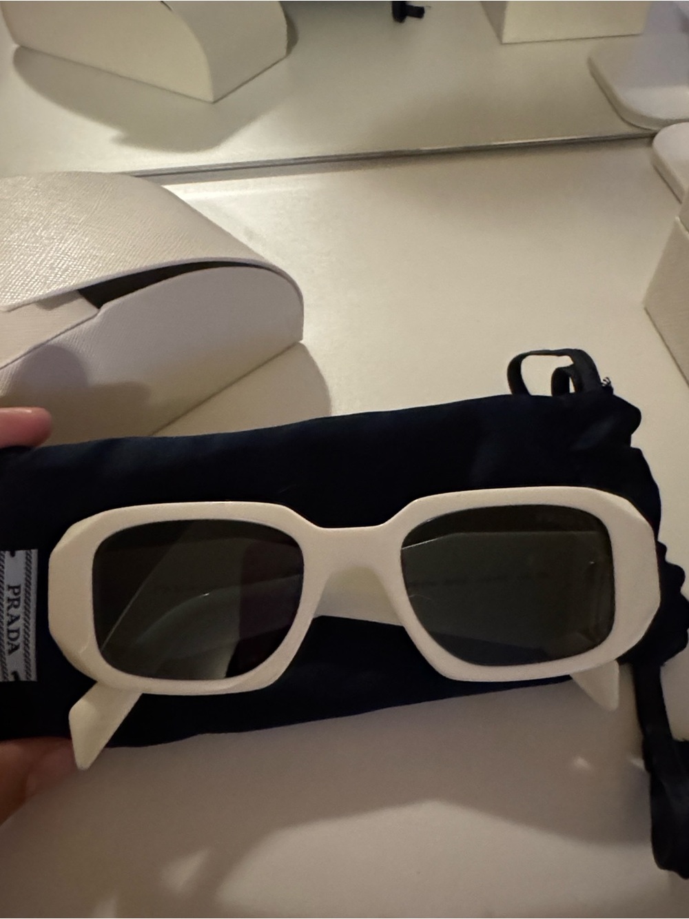 Prada White Rectangular Sunglasses with Dark Lenses